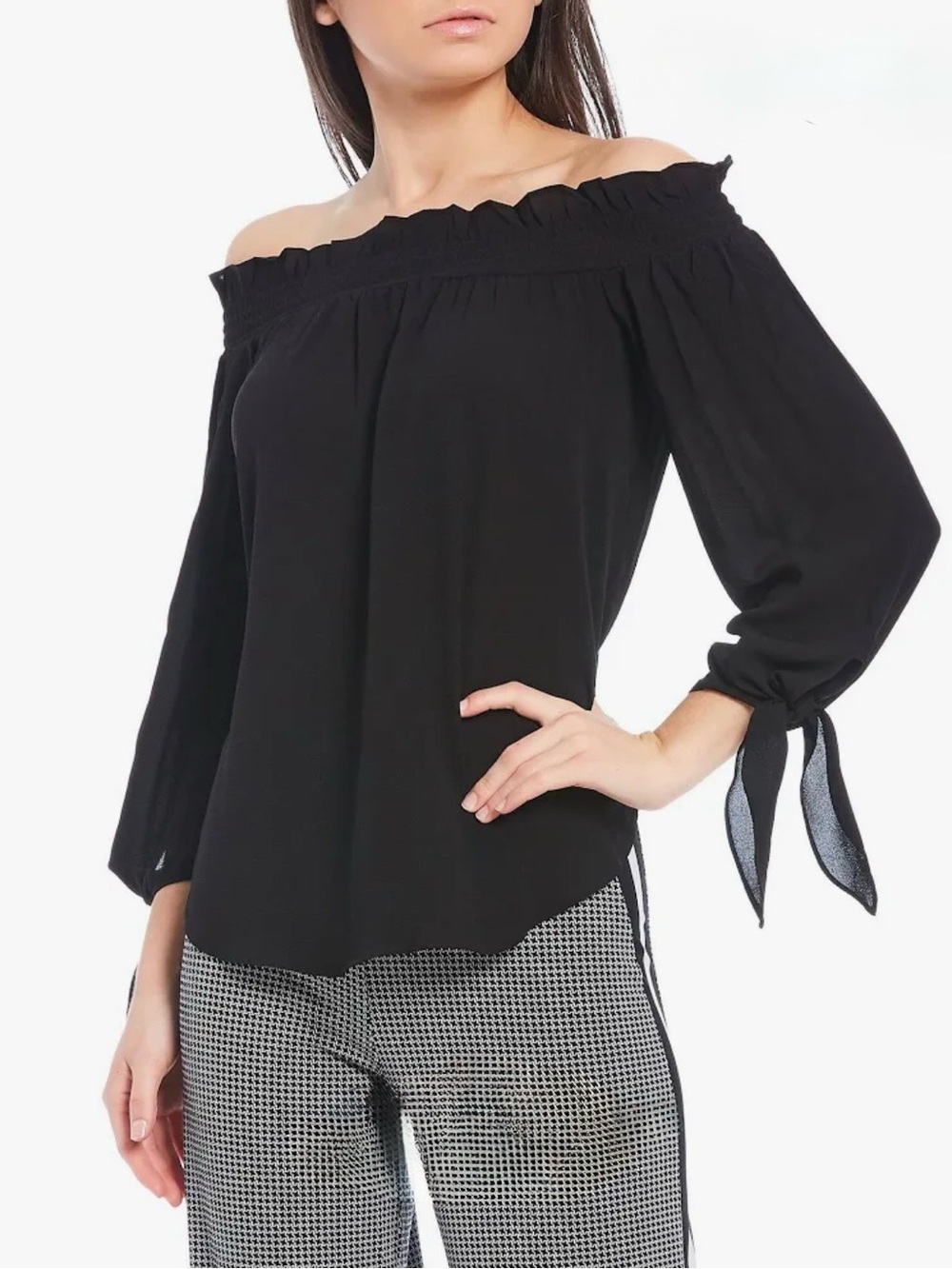 MICHAEL Michael Kors Black Off-Shoulder Tie-Cuff Blouse